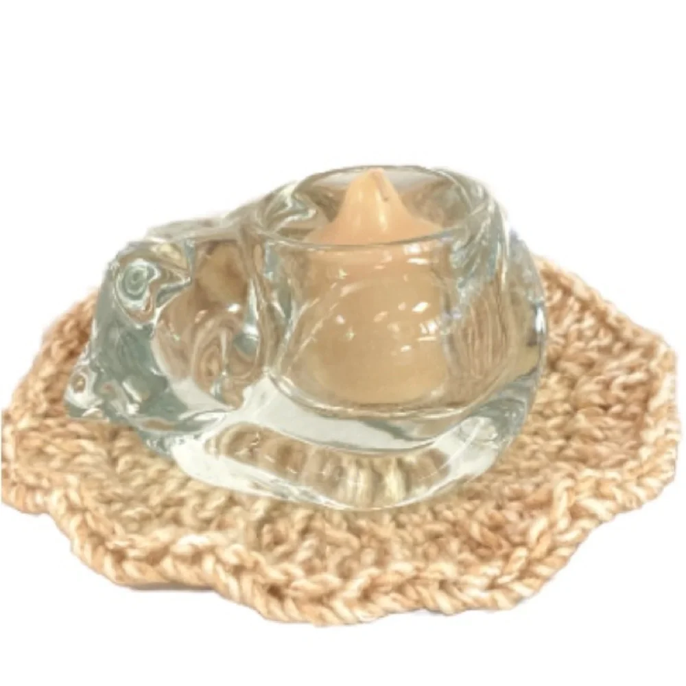 INDIANA GLASS Kitty Cat Glass Votive Candle Holder with Hand Crochet Doily